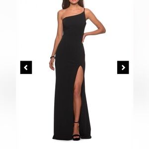 La Femme Black One-Shoulder Gown with Thigh Slit